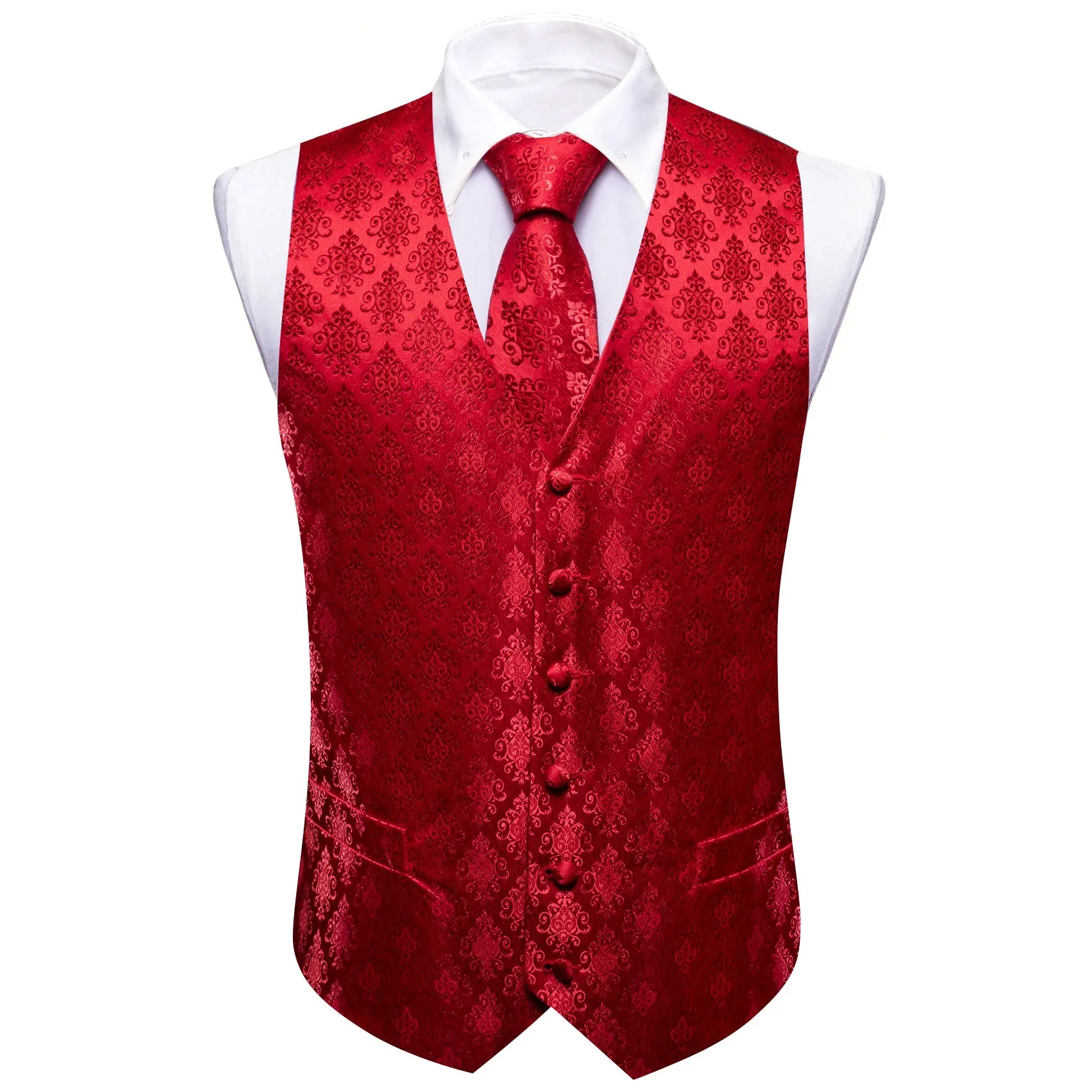 Red Jacquard Woven Classic Men's Vest Hanky Cufflinks Tie Set