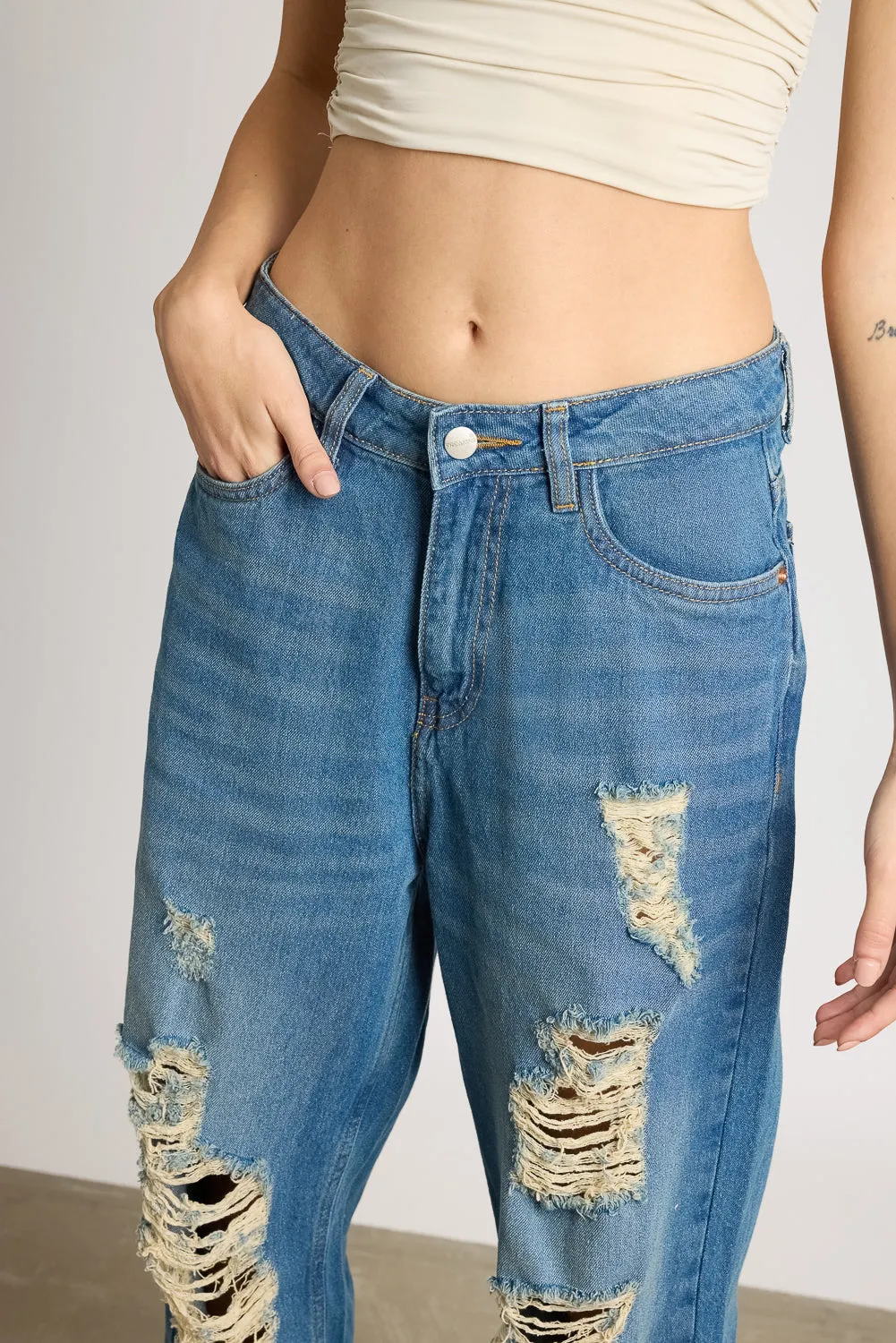 Relaxed Fit Rustic Ripped Denim