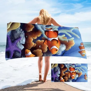 Seaside Portable Microfiber Beach Swim Printed Bath Towel 150x75cm(Clown Fish)