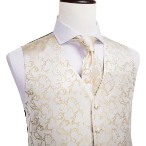 Simple Champagne Floral Men's Vest Tie Hanky Cufflinks Set Waistcoat Suit Set