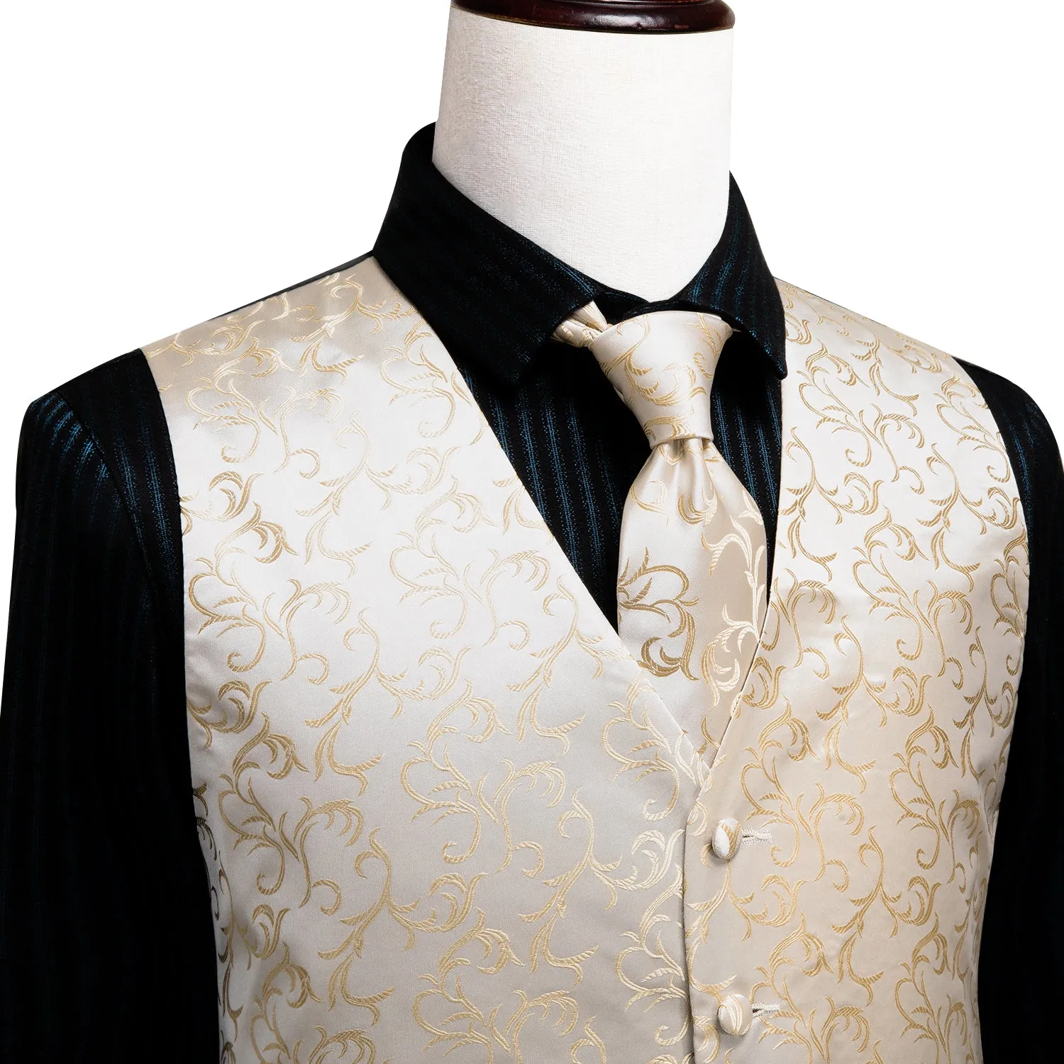 Simple Champagne Floral Men's Vest Tie Hanky Cufflinks Set Waistcoat Suit Set