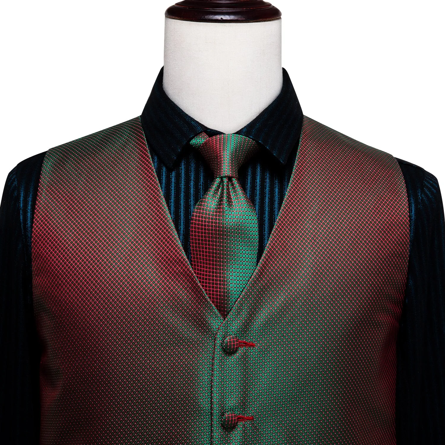 Simple Green Red Plaid Men's Vest Tie Hanky Cufflinks Set Waistcoat Suit Set