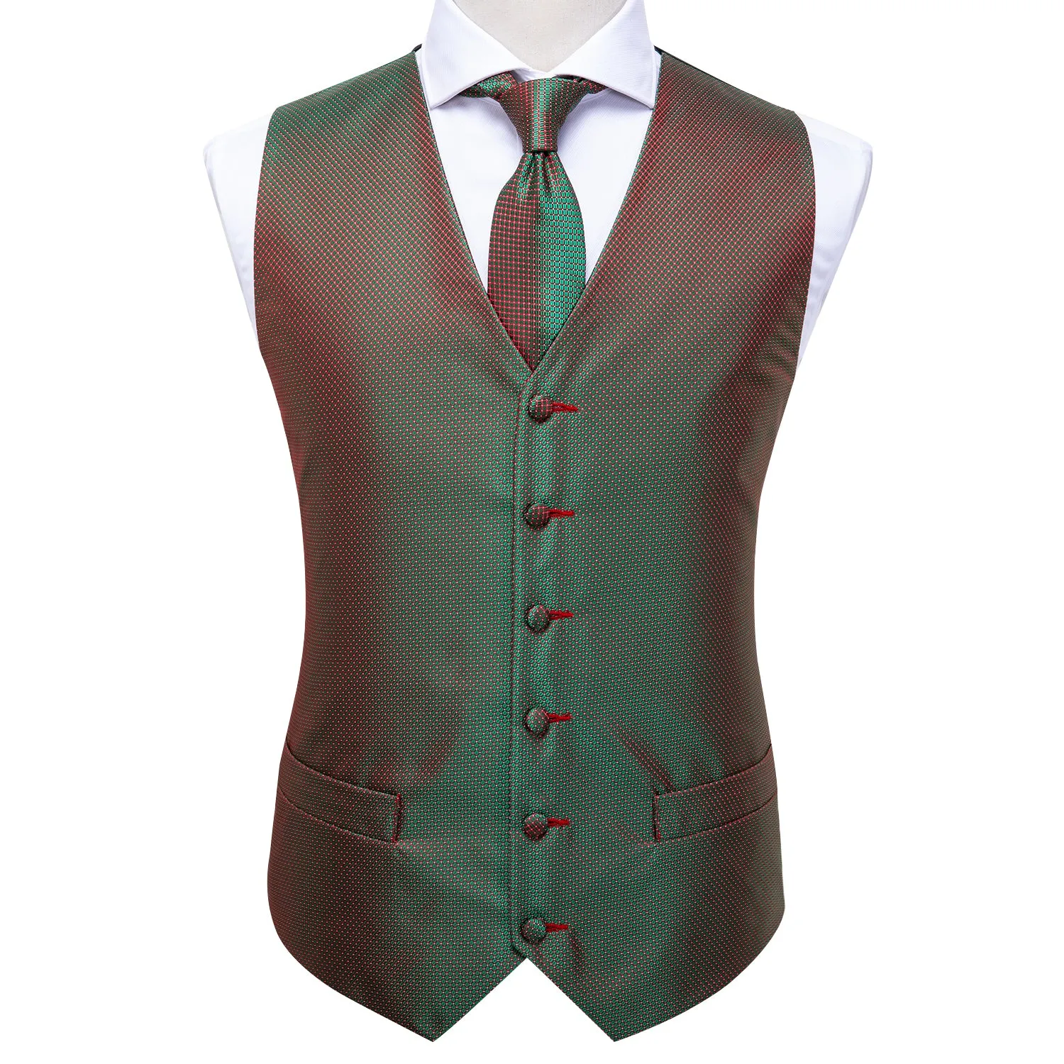 Simple Green Red Plaid Men's Vest Tie Hanky Cufflinks Set Waistcoat Suit Set