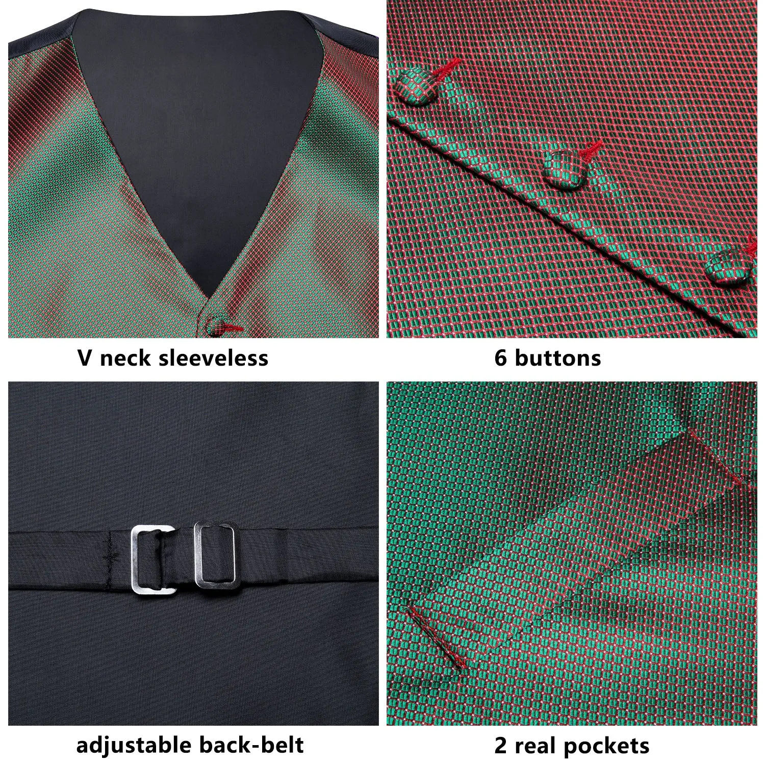 Simple Green Red Plaid Men's Vest Tie Hanky Cufflinks Set Waistcoat Suit Set