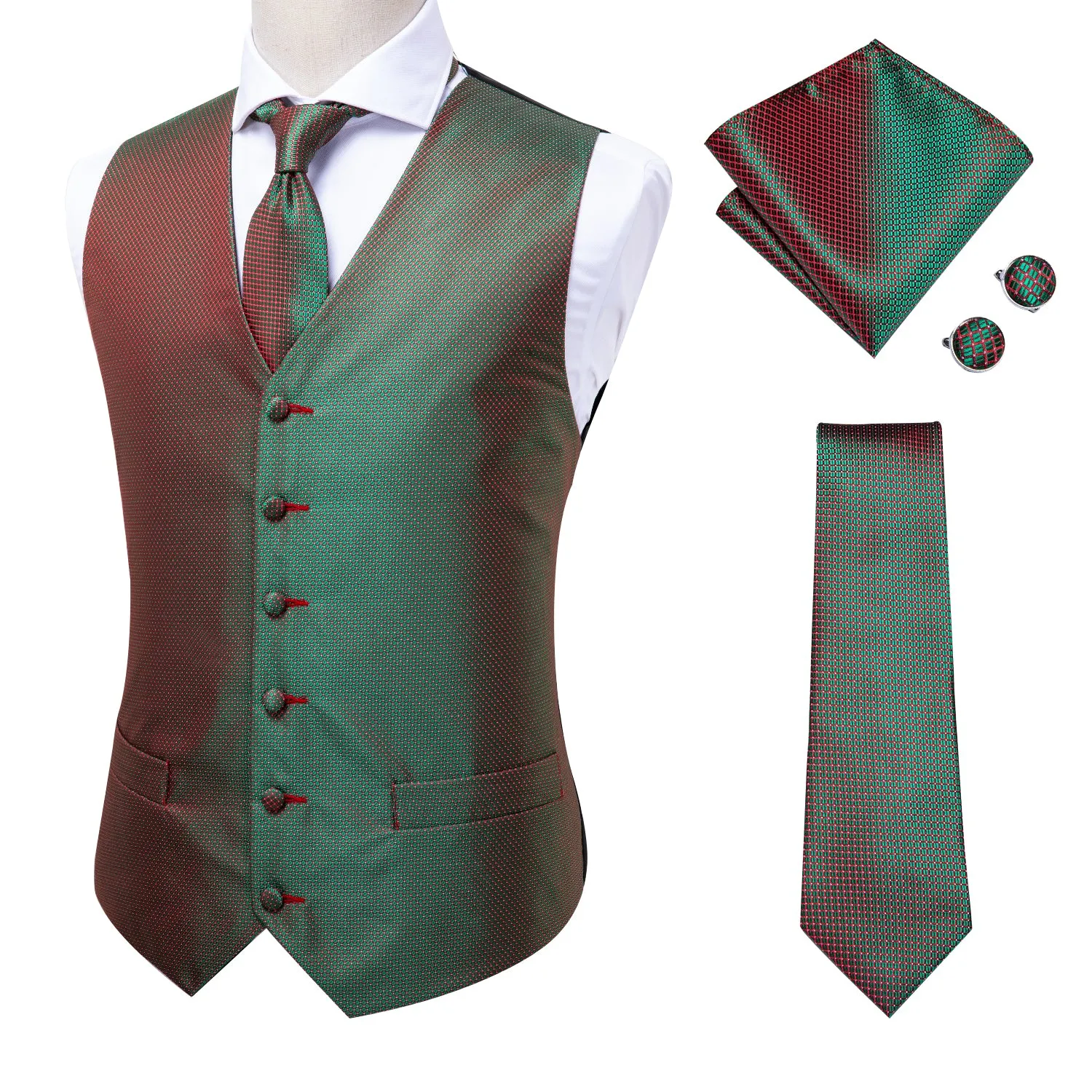 Simple Green Red Plaid Men's Vest Tie Hanky Cufflinks Set Waistcoat Suit Set