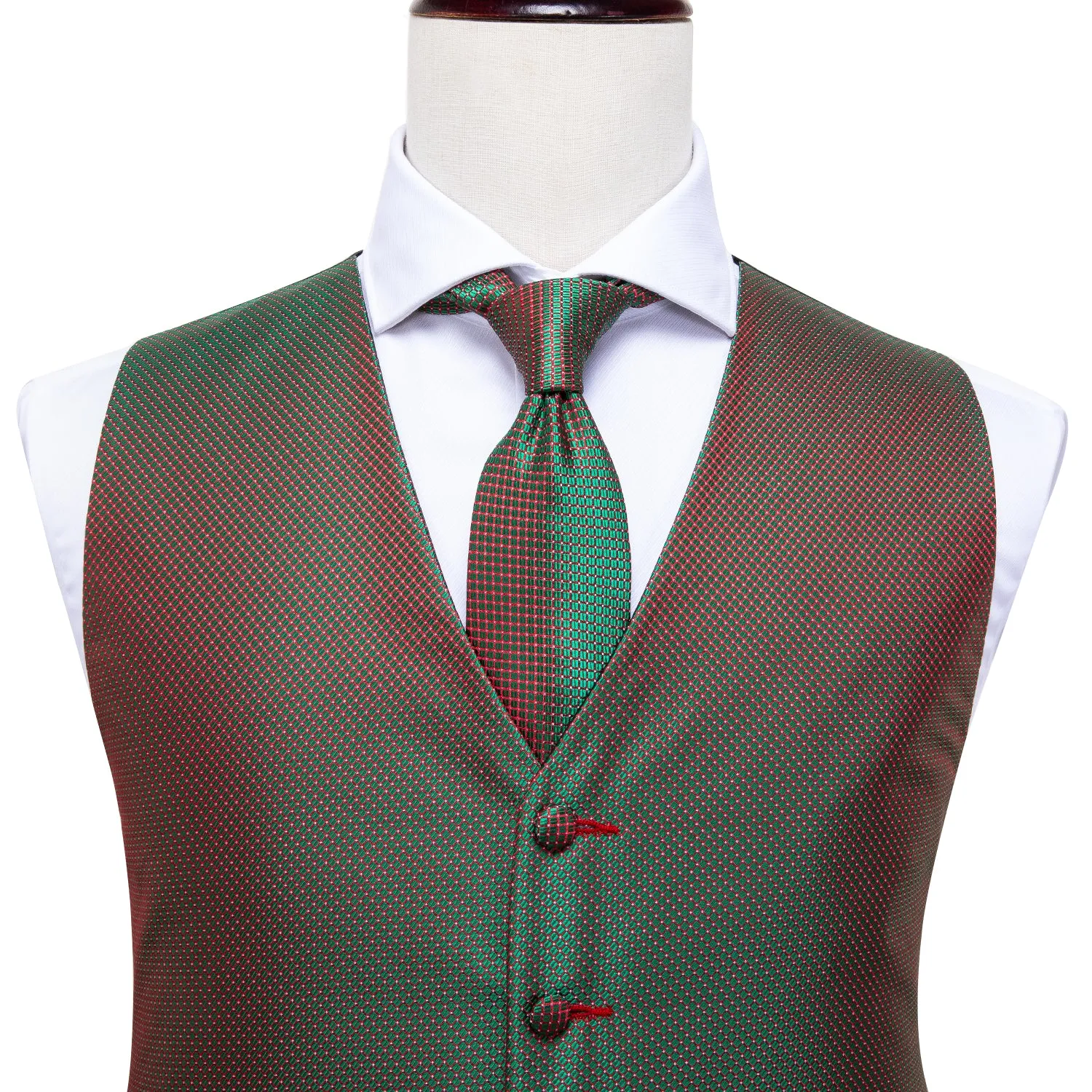 Simple Green Red Plaid Men's Vest Tie Hanky Cufflinks Set Waistcoat Suit Set