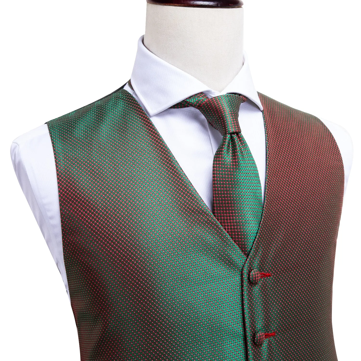 Simple Green Red Plaid Men's Vest Tie Hanky Cufflinks Set Waistcoat Suit Set