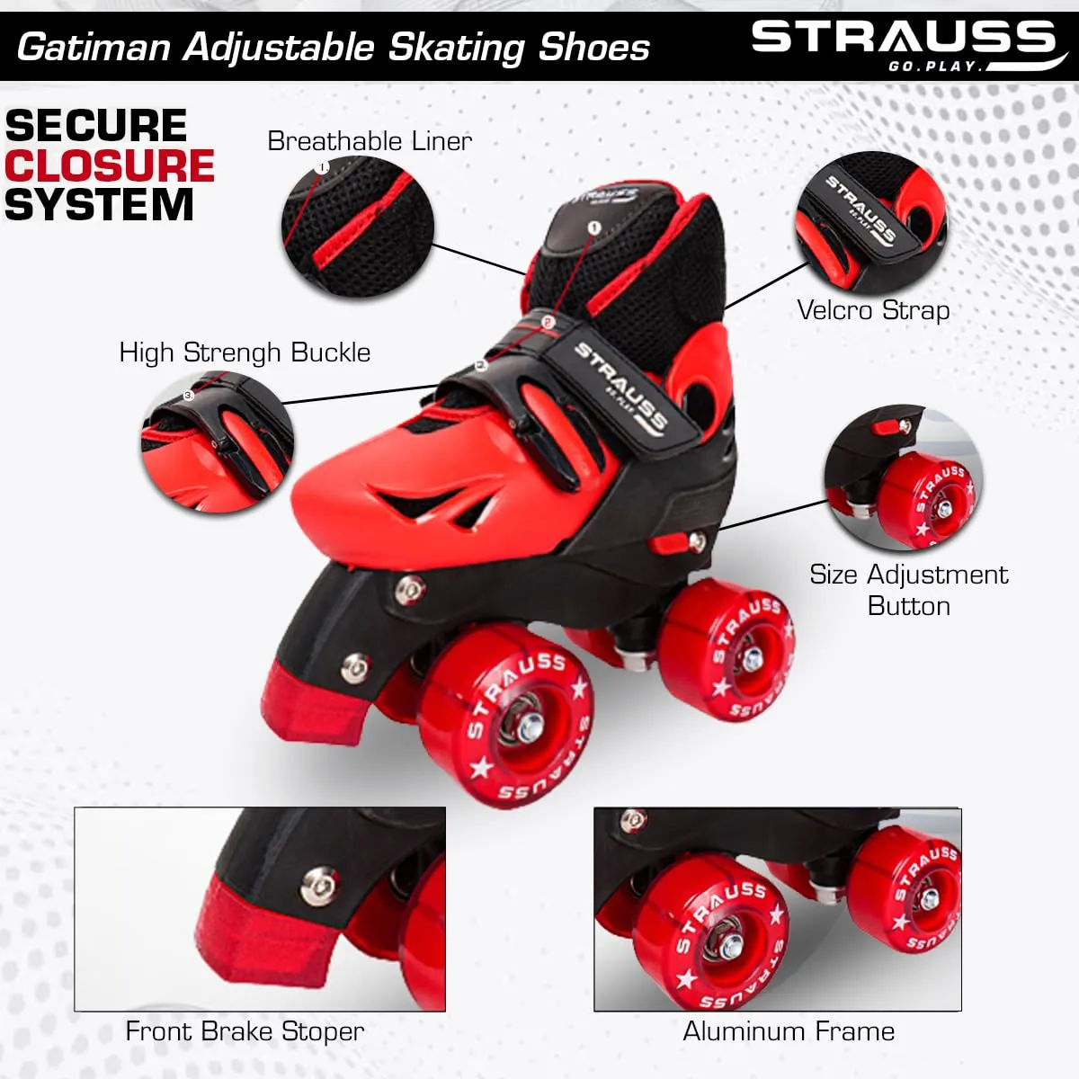 STRAUSS Gatiman Adjustable Skating Shoes | Latest Designed Roller Skates with Break | Ideal for Boys and Girls | Adjustable 4 Wheels Skating Shoe | Size: Junior (Black/Red)