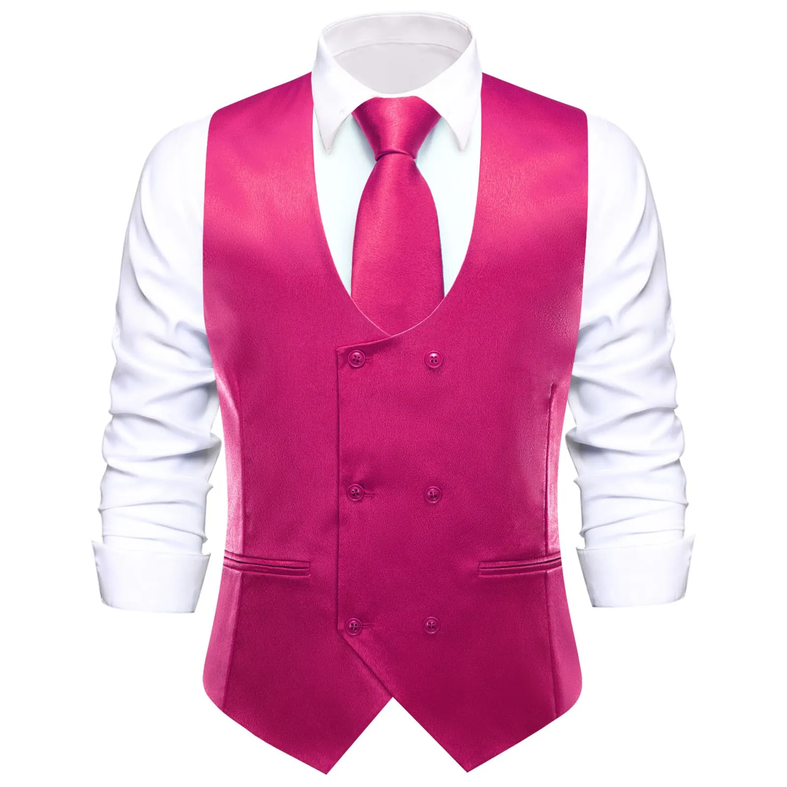 Ties2you Double Breasted Vest Magenta Pink Solid Mens Tuxedo Vest Tie Bowtie Set 5PC