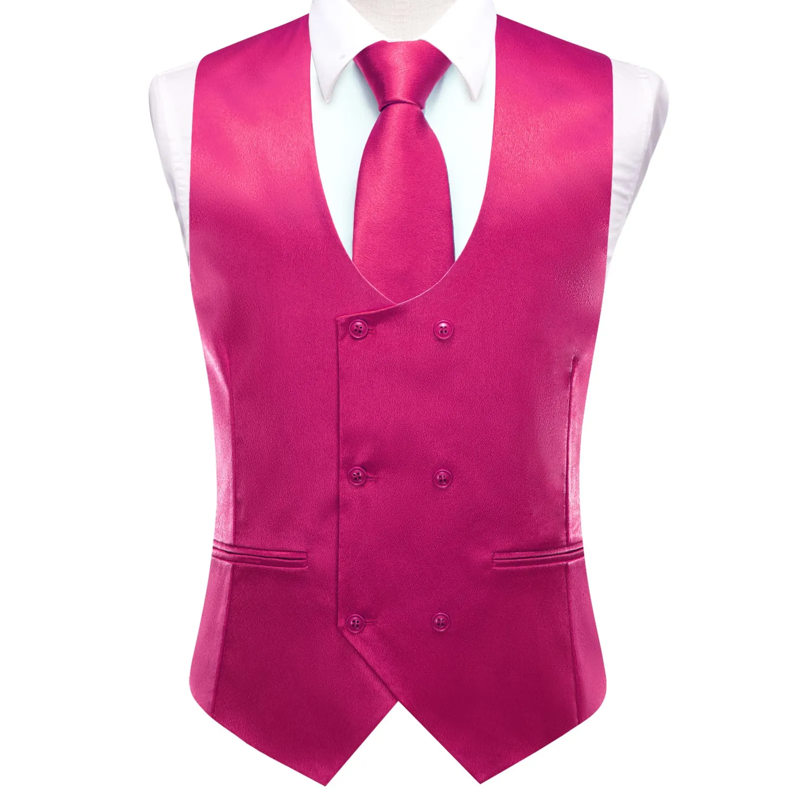 Ties2you Double Breasted Vest Magenta Pink Solid Mens Tuxedo Vest Tie Bowtie Set 5PC