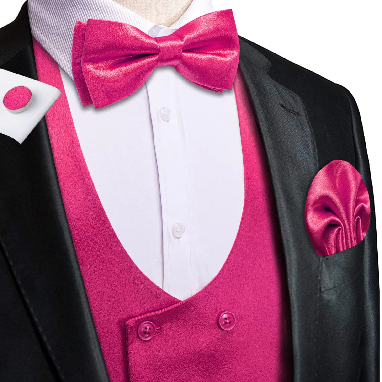 Ties2you Double Breasted Vest Magenta Pink Solid Mens Tuxedo Vest Tie Bowtie Set 5PC