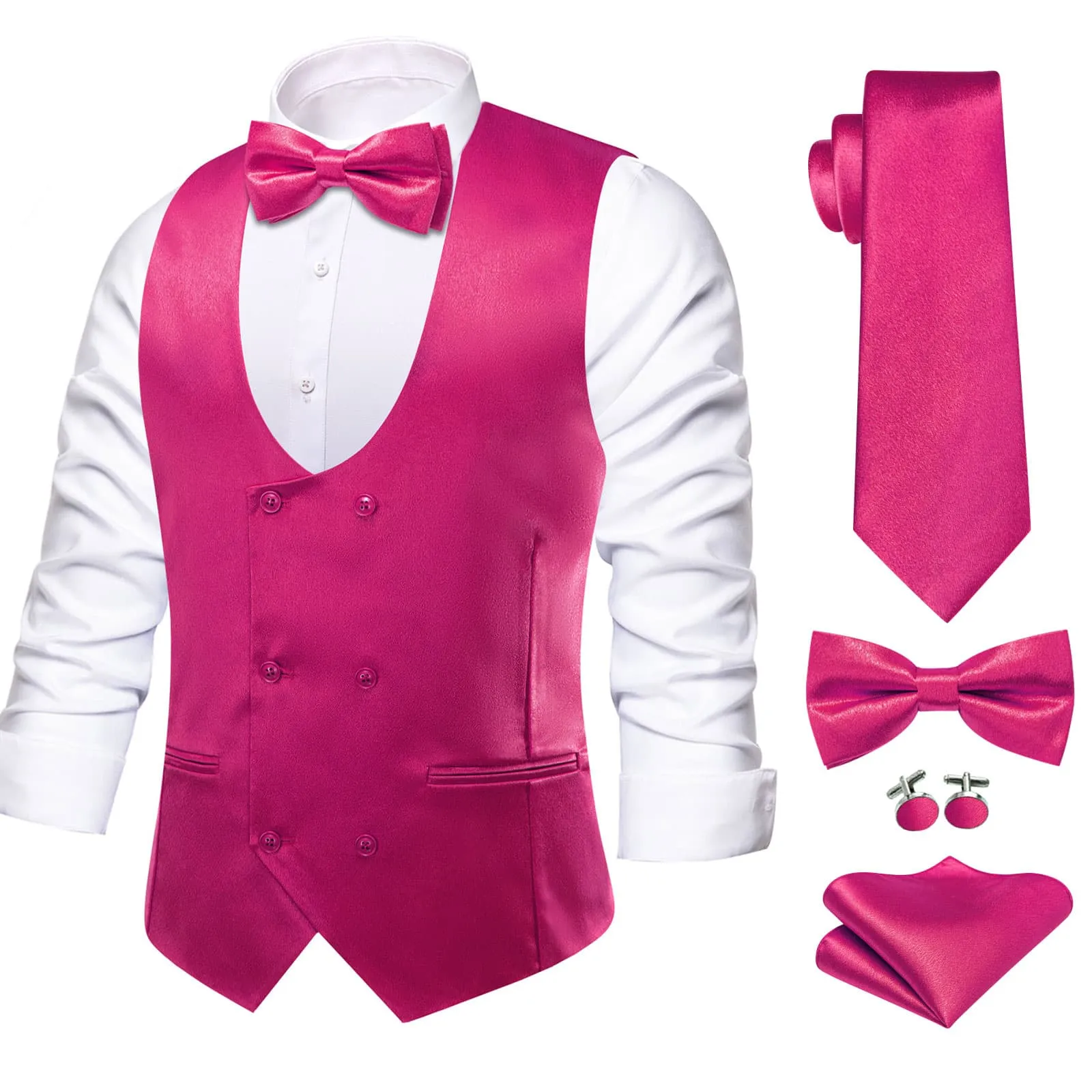 Ties2you Double Breasted Vest Magenta Pink Solid Mens Tuxedo Vest Tie Bowtie Set 5PC