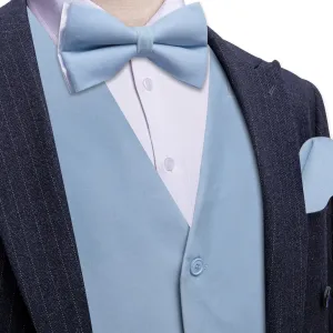 Ties2you Dress Vest Sky Blue Solid V-Neck Mens Waistcoat Suede Leather Vest Bow Tie Set