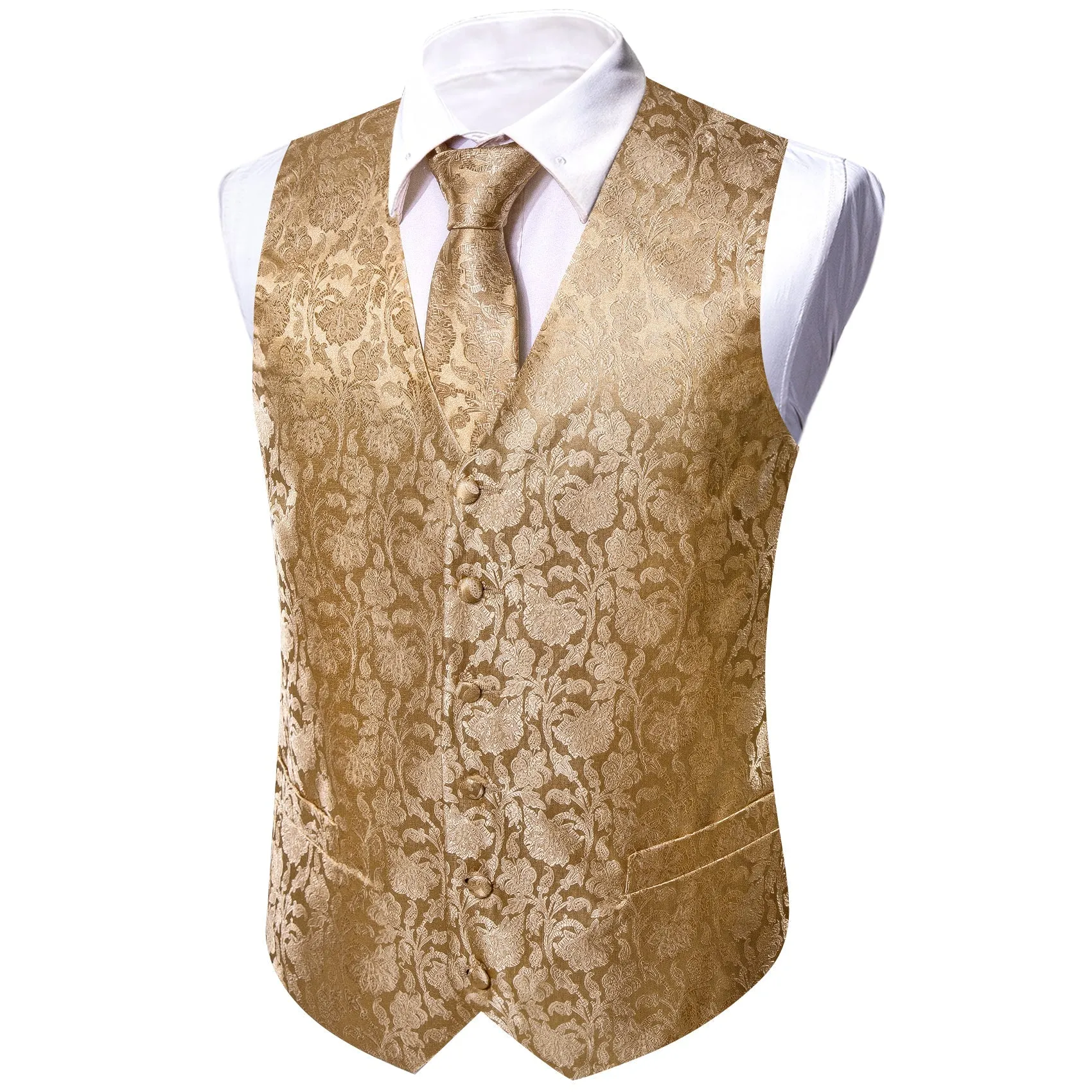 Ties2you Floral Vest for Men Tan Champagne Vest Tie Hanky Cufflinks Set Waistcoat Suit Set