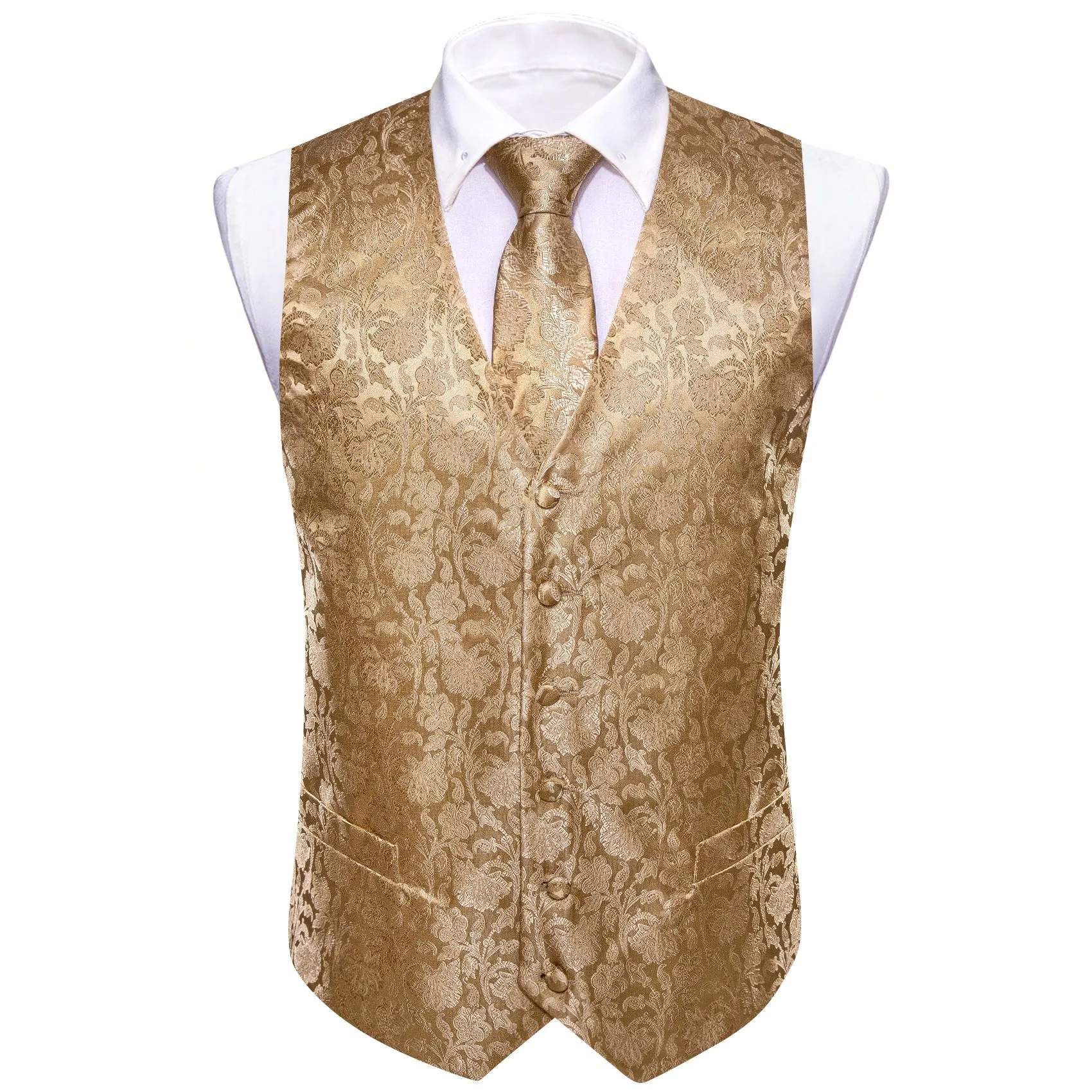 Ties2you Floral Vest for Men Tan Champagne Vest Tie Hanky Cufflinks Set Waistcoat Suit Set