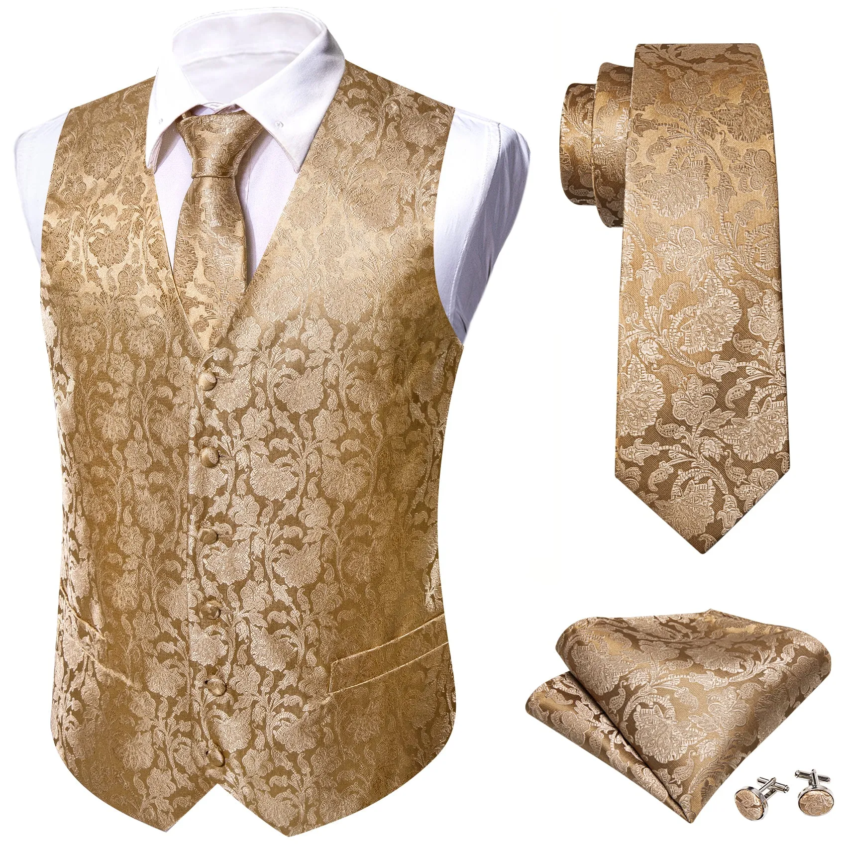 Ties2you Floral Vest for Men Tan Champagne Vest Tie Hanky Cufflinks Set Waistcoat Suit Set