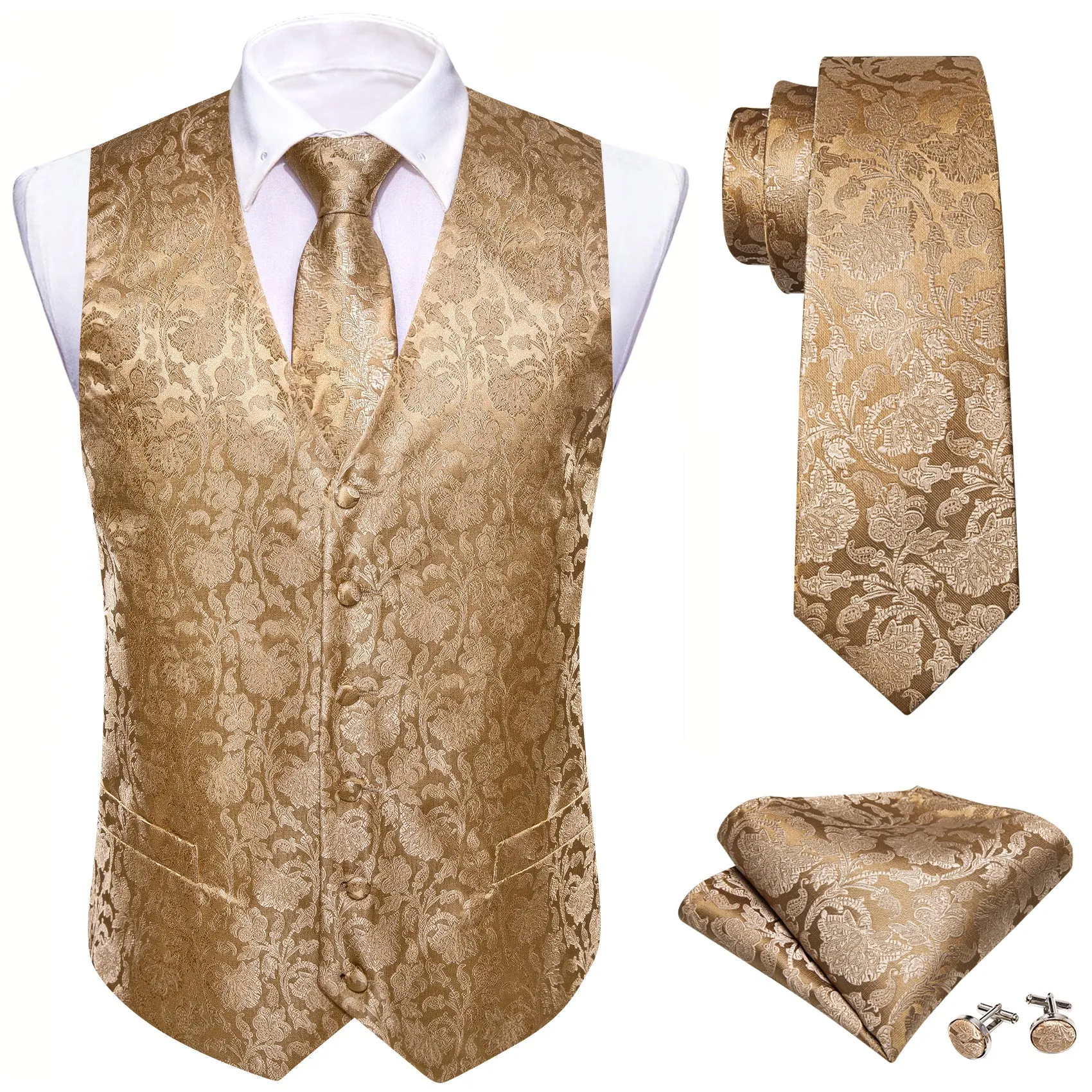 Ties2you Floral Vest for Men Tan Champagne Vest Tie Hanky Cufflinks Set Waistcoat Suit Set