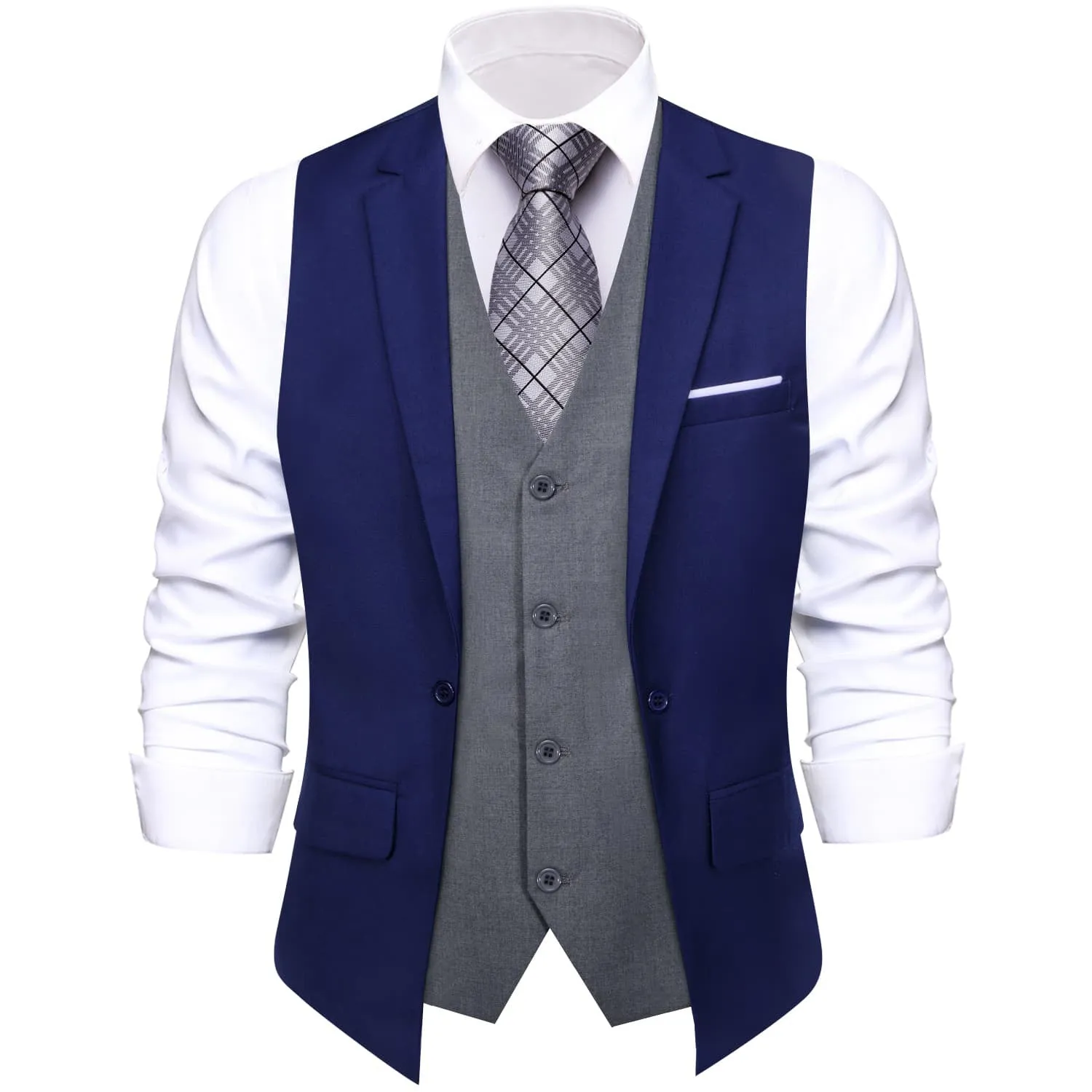 Ties2you Layered Waistcoat Navy Blue Grey Splicing Collar Vest for Men Formal