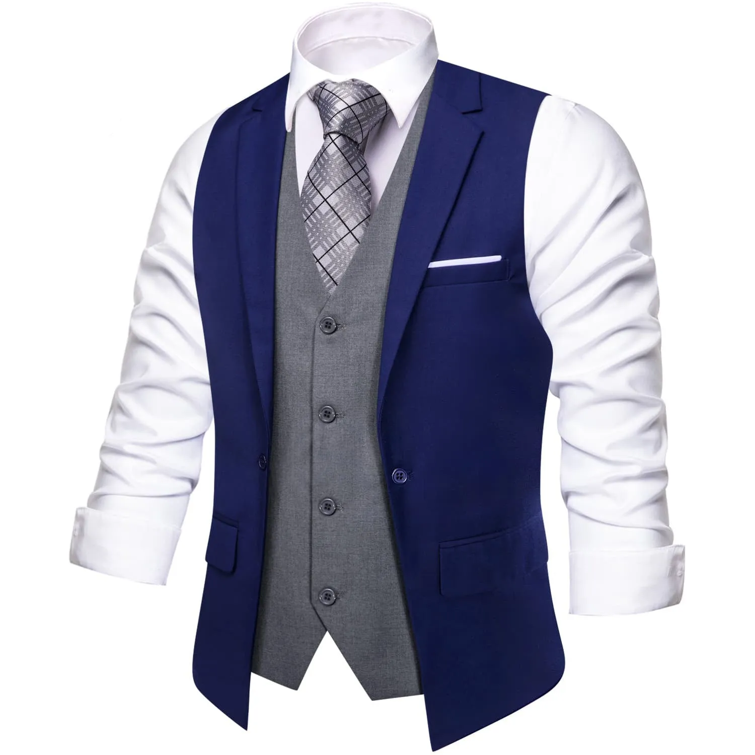 Ties2you Layered Waistcoat Navy Blue Grey Splicing Collar Vest for Men Formal