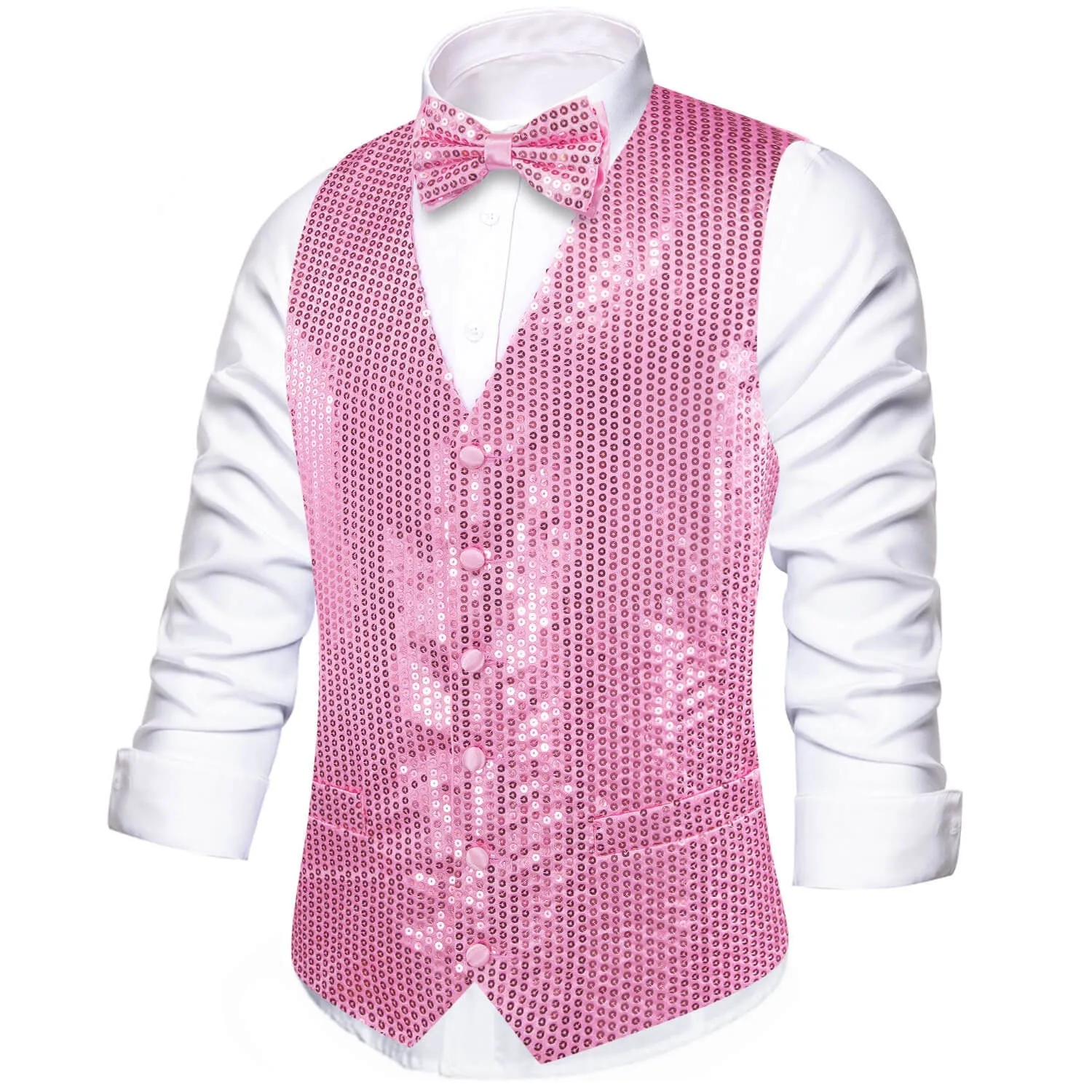 Ties2you Men's Casual Vest Shining Taffy Pink Sequins Vest Bow Tie Set