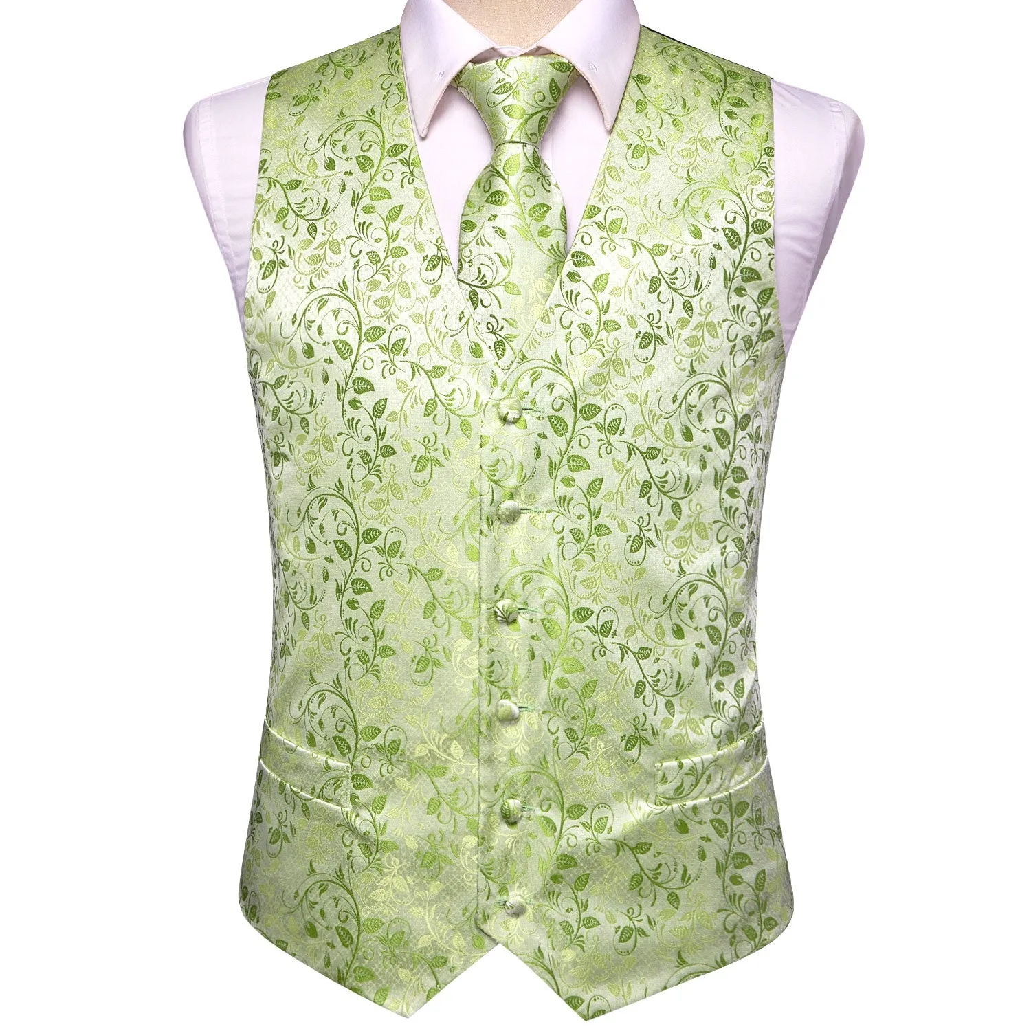 Ties2you Mens Vest Apple Green Floral Jacquard Silk Vest Hanky Cufflinks Tie Set