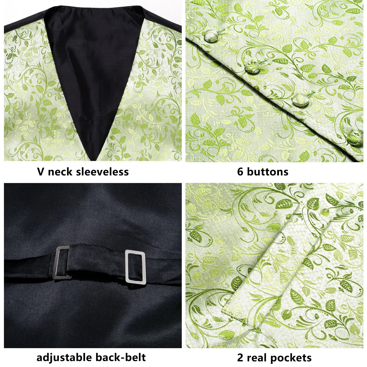 Ties2you Mens Vest Apple Green Floral Jacquard Silk Vest Hanky Cufflinks Tie Set