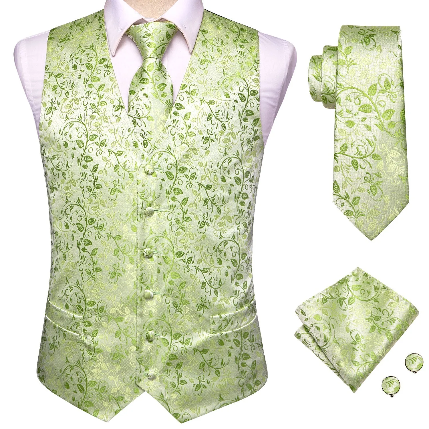 Ties2you Mens Vest Apple Green Floral Jacquard Silk Vest Hanky Cufflinks Tie Set