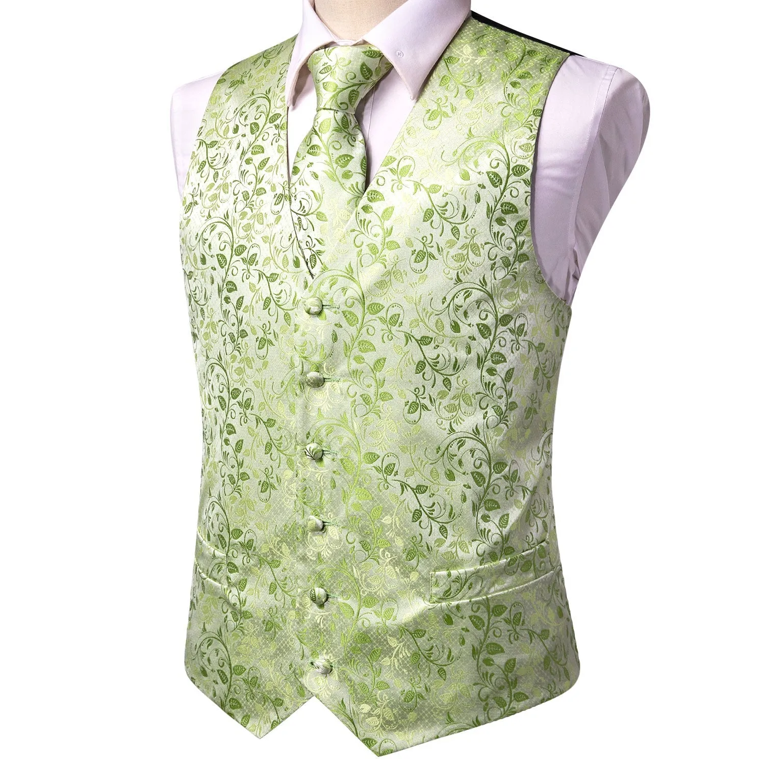 Ties2you Mens Vest Apple Green Floral Jacquard Silk Vest Hanky Cufflinks Tie Set