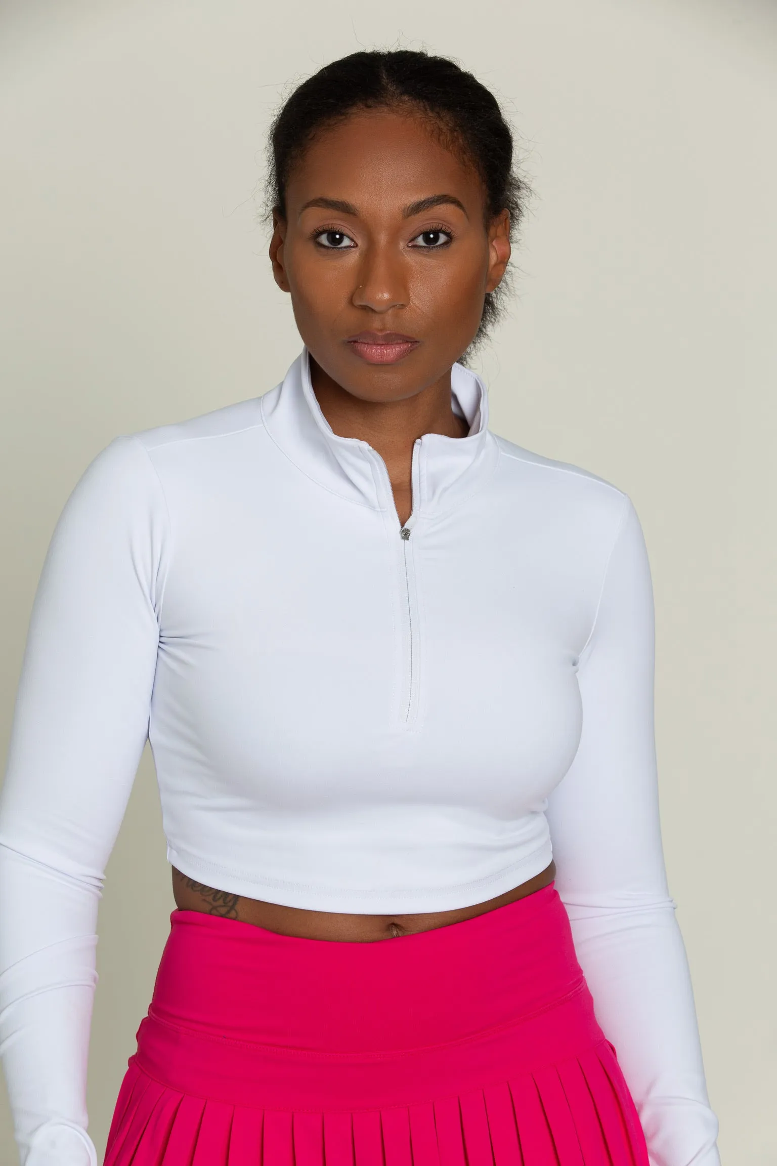 White Athletic Half-Zip Crop Top