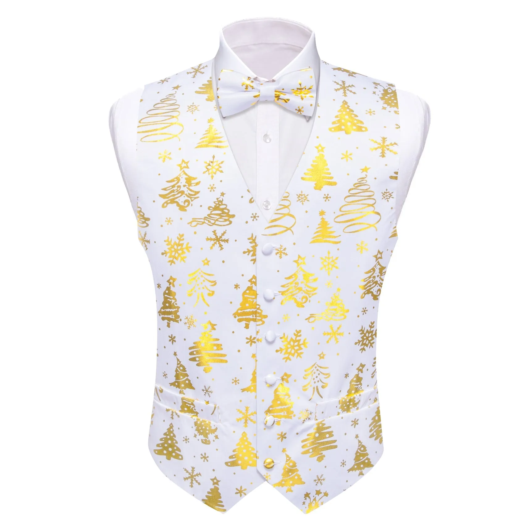 White Golden Christmas Tree Novelty Silk Men's Vest Bow Tie Set Waistcoat Suit Set