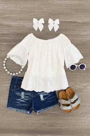 White Lace Peplum Distressed Denim Short Set