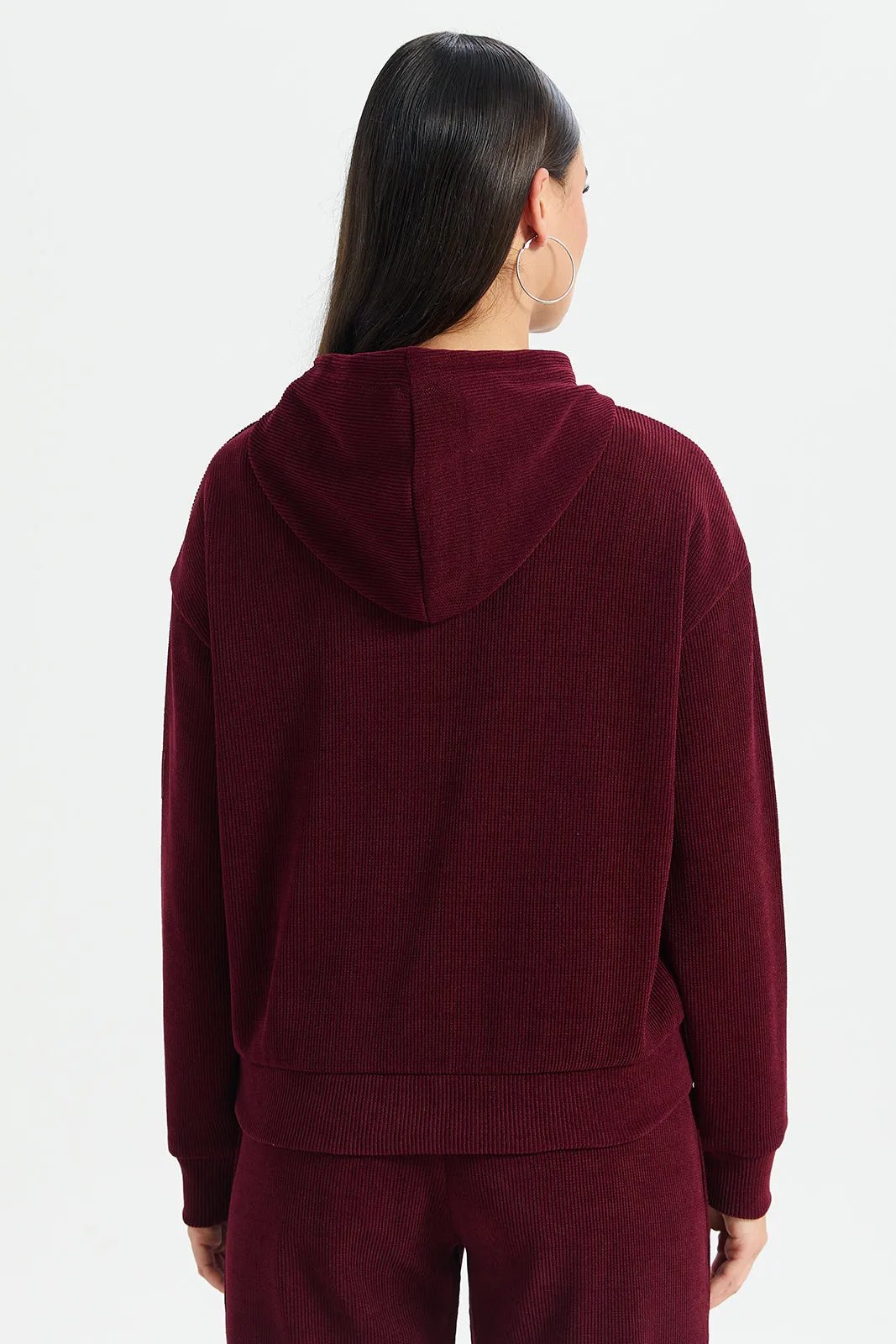 Women Burgundy Plain Hooded Sweatshirt