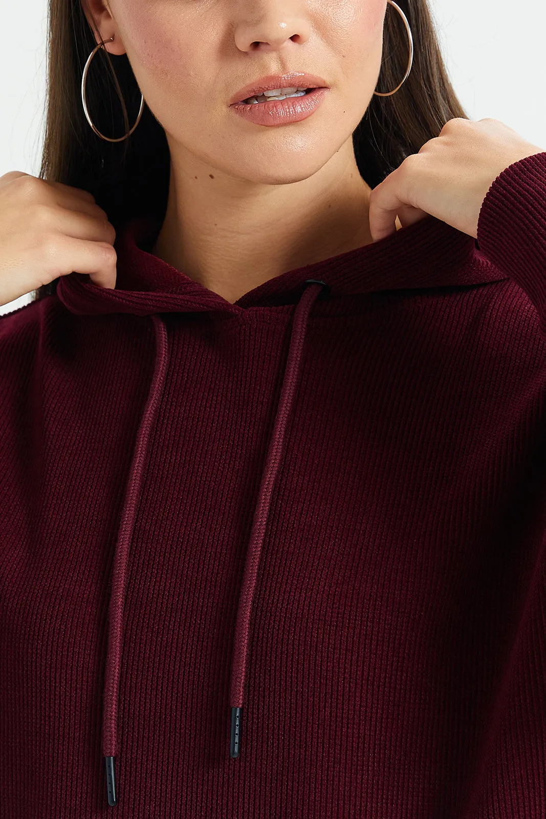 Women Burgundy Plain Hooded Sweatshirt