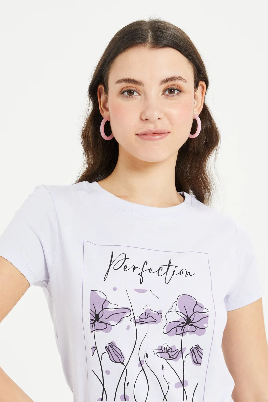 Women Lilac Floral Printed T-Shirt