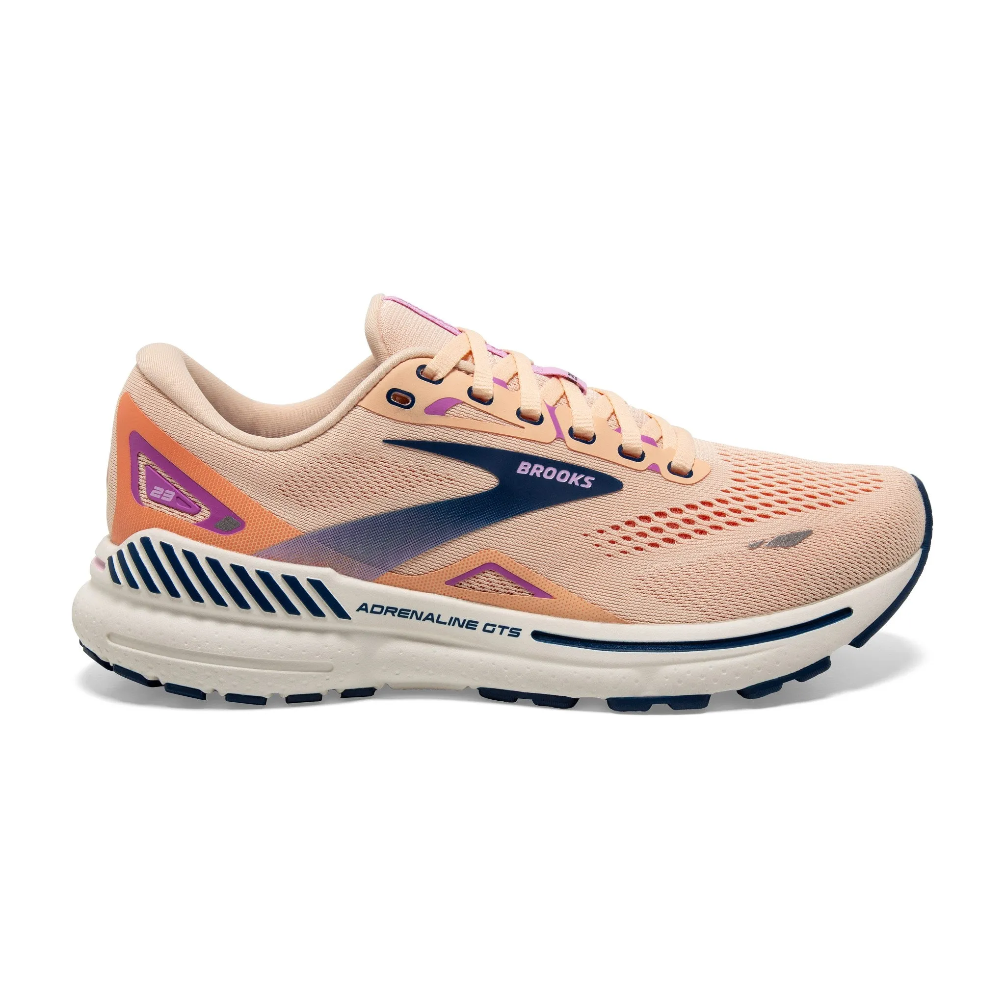 Women's Brooks Adrenaline GTS 23 Running Shoe in Apricot/Estate Blue/Orchid