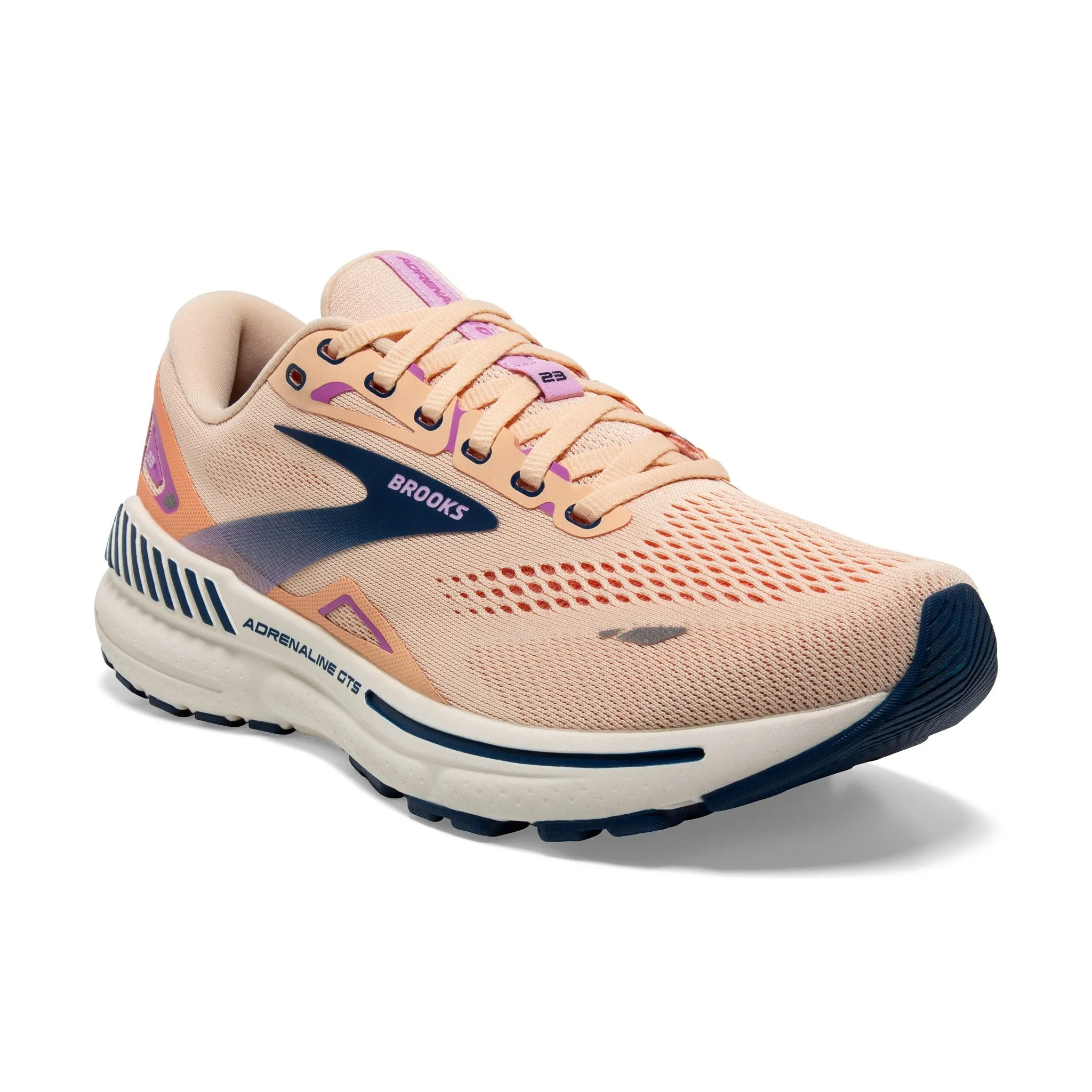 Women's Brooks Adrenaline GTS 23 Running Shoe in Apricot/Estate Blue/Orchid